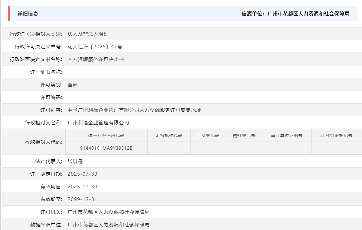 7.30准予广州利福企业管理有限公司人力资源服务许可变更地址.png