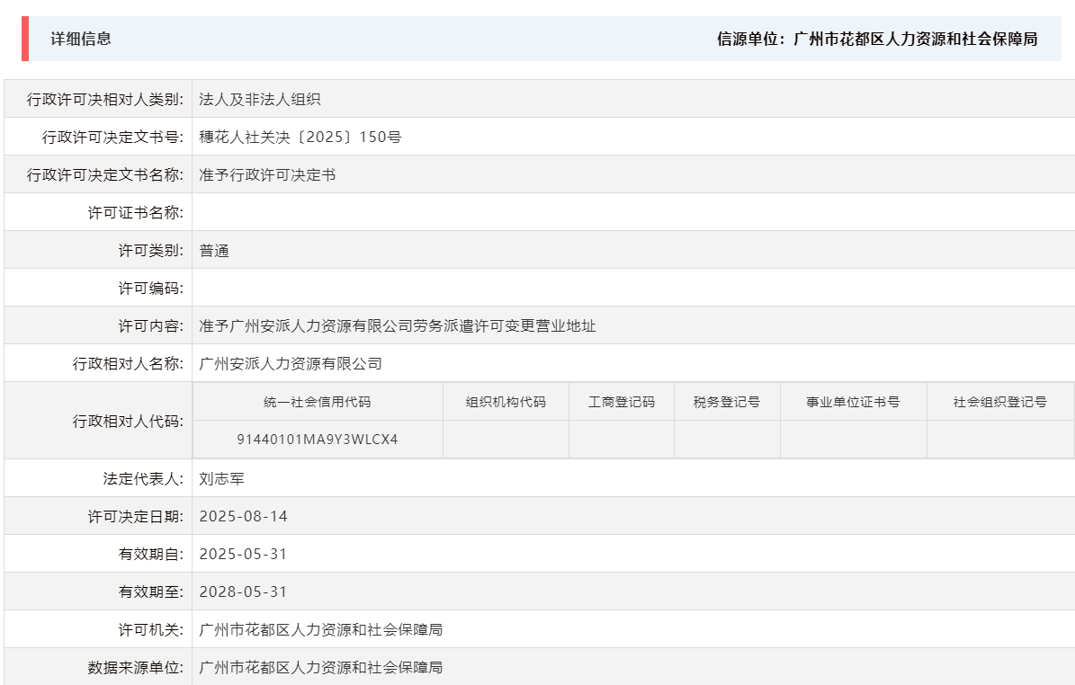 8.14准予广州安派人力资源有限公司劳务派遣许可变更营业地址.png