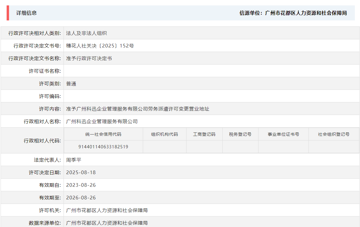 8.18准予广州科迅企业管理服务有限公司劳务派遣许可变更营业地址.png
