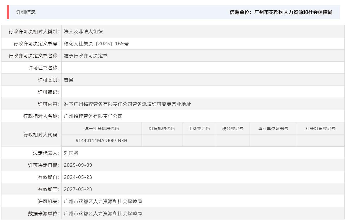 9.9准予广州铭程劳务有限责任公司劳务派遣许可变更营业地址.png