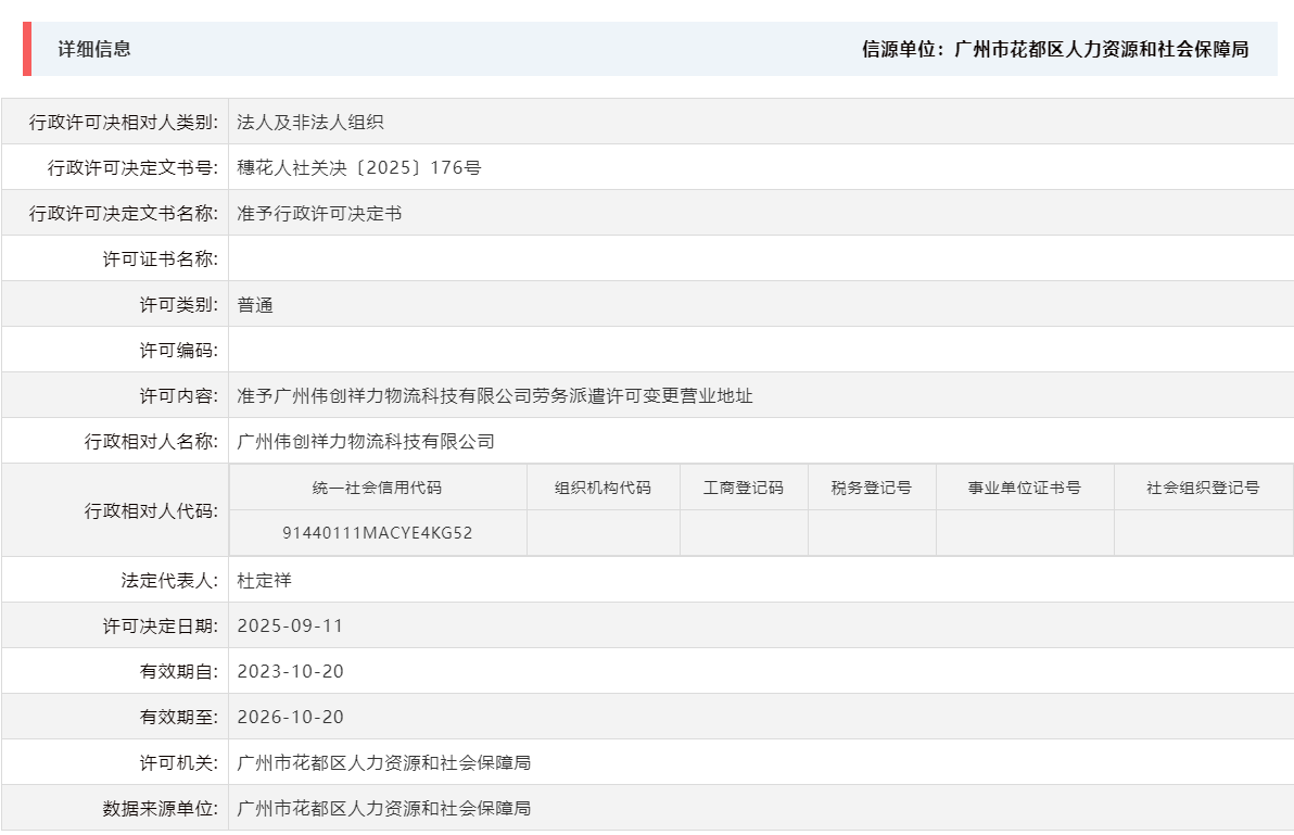 9.11准予广州伟创祥力物流科技有限公司劳务派遣许可变更营业地址.png