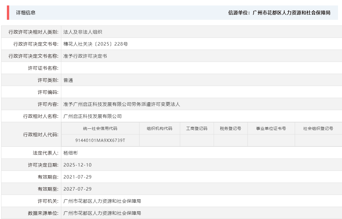 12.10准予广州启正科技发展有限公司劳务派遣许可变更法人.png