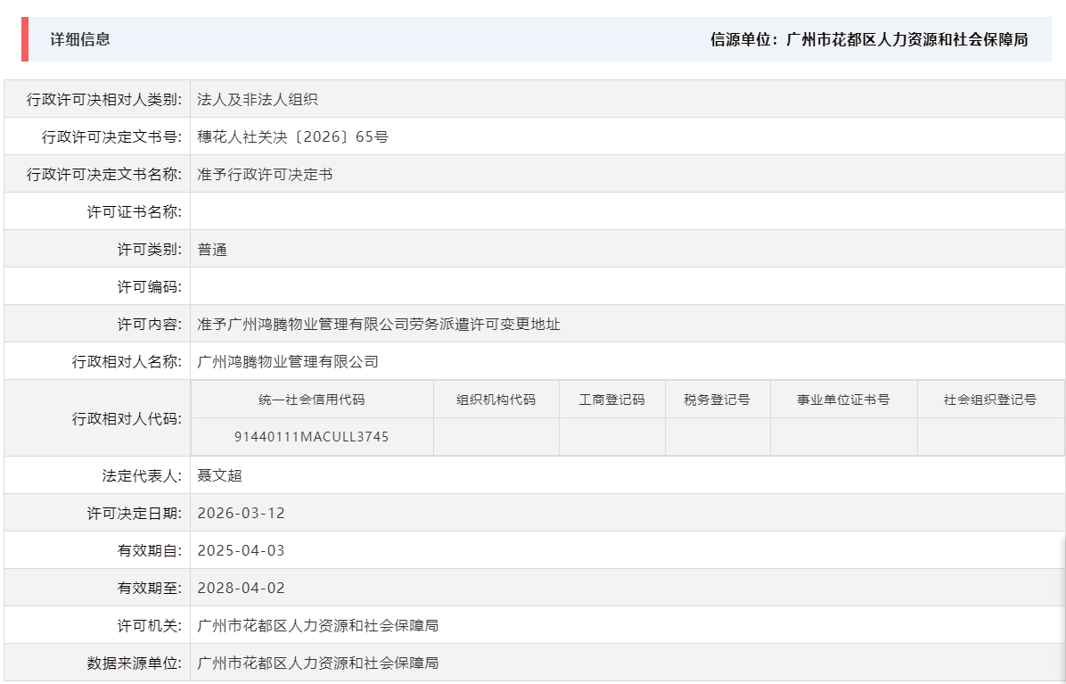3.12准予广州鸿腾物业管理有限公司劳务派遣许可变更地址.png