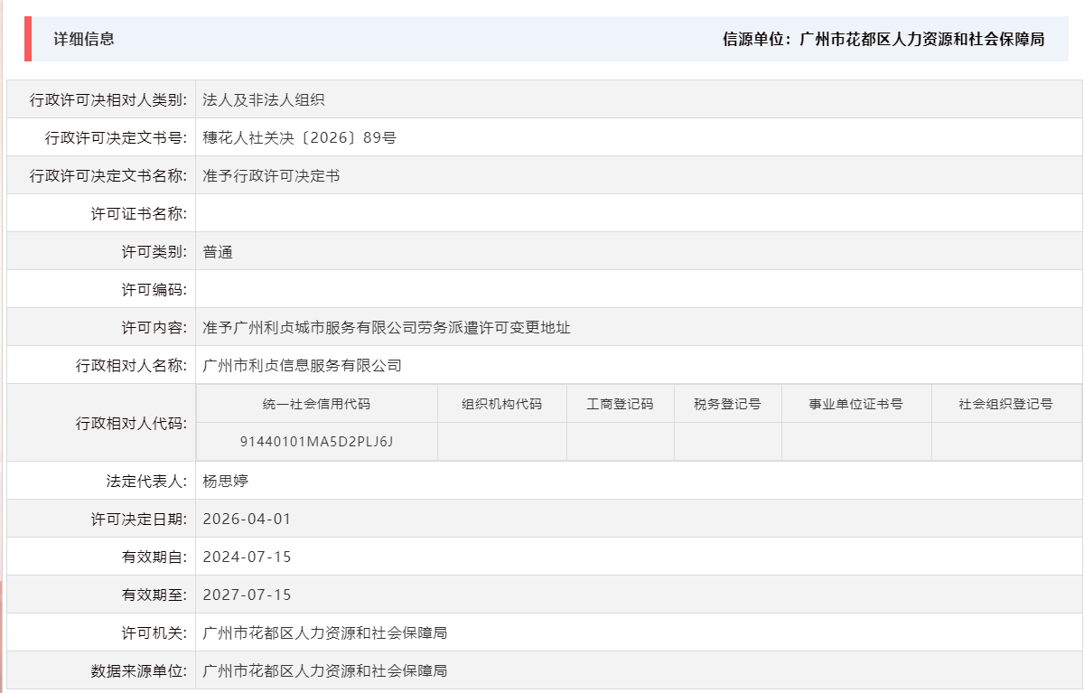 4.1准予广州利贞城市服务有限公司劳务派遣许可变更地址.png