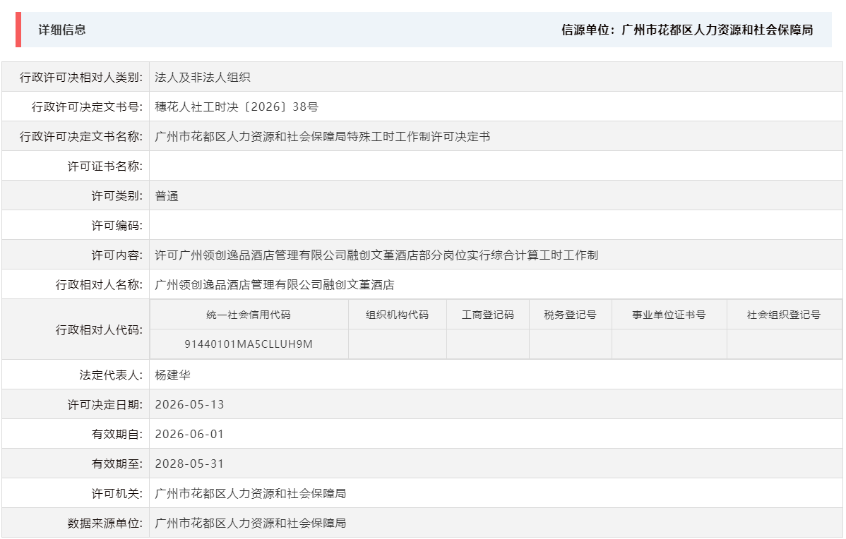 5.13许可广州领创逸品酒店管理有限公司融创文堇酒店部分岗位实行综合计算工时工作制.png