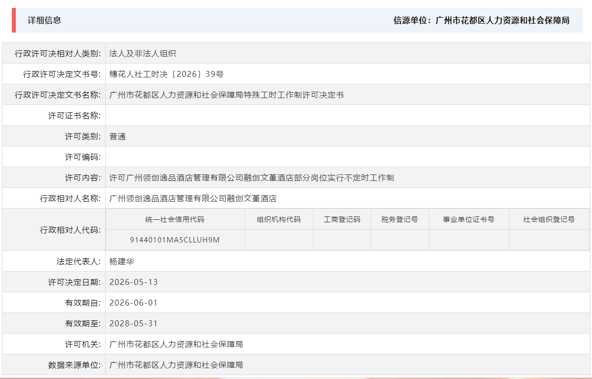 5.13许可广州领创逸品酒店管理有限公司融创文堇酒店部分岗位实行不定时工作制.png